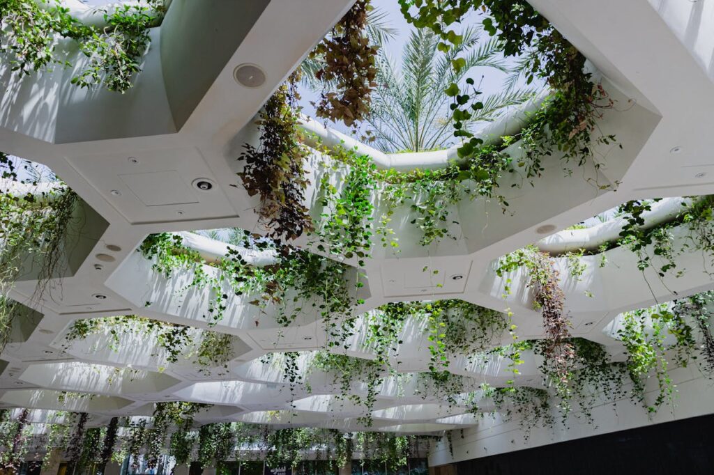 Why Billionaire Homes Feel Different- Reason 2: Lush green plants hanging from a geometric ceiling